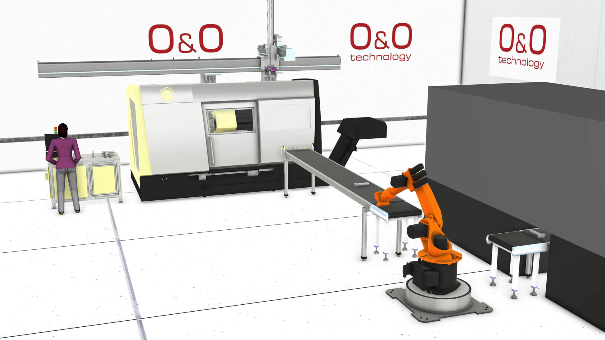 Simulation of a person programming at a production line and a robot manufacturing