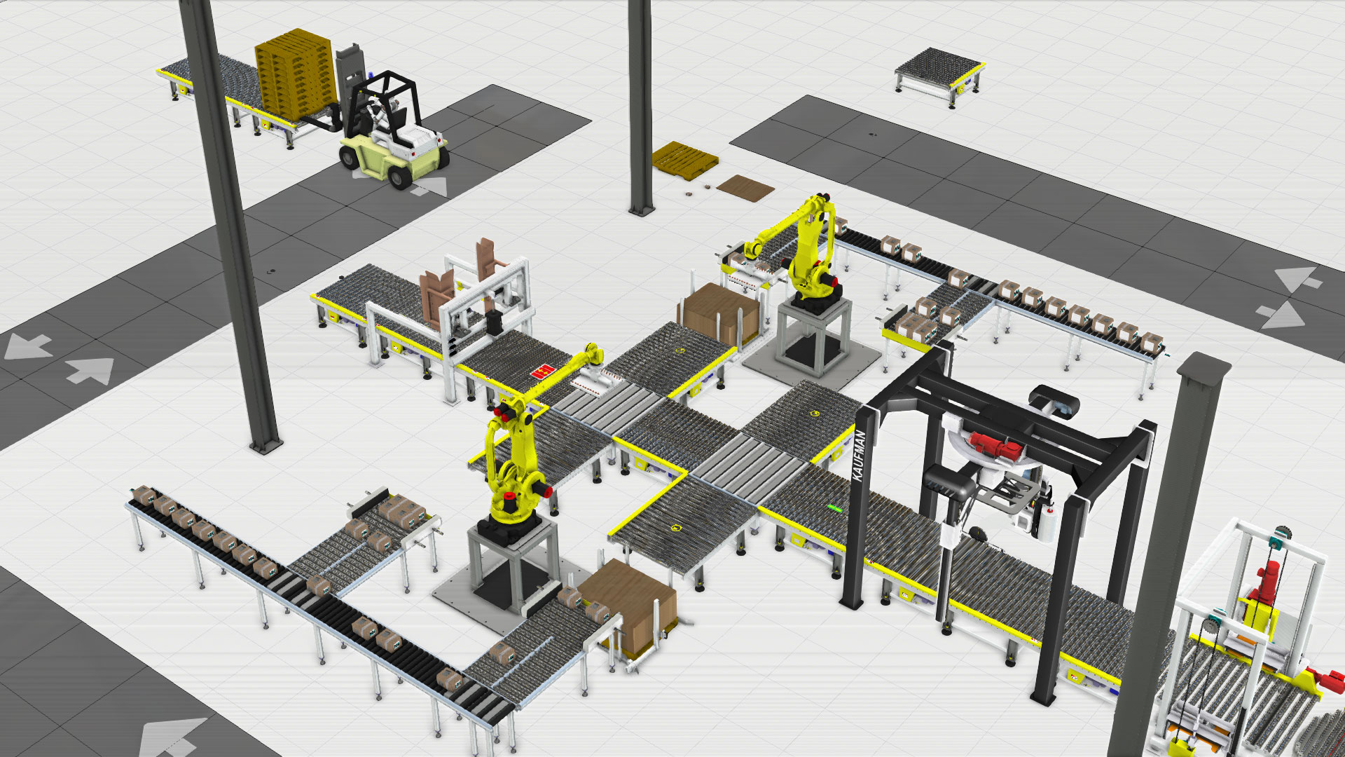 A Visual components simulation of a palletizing and packing line