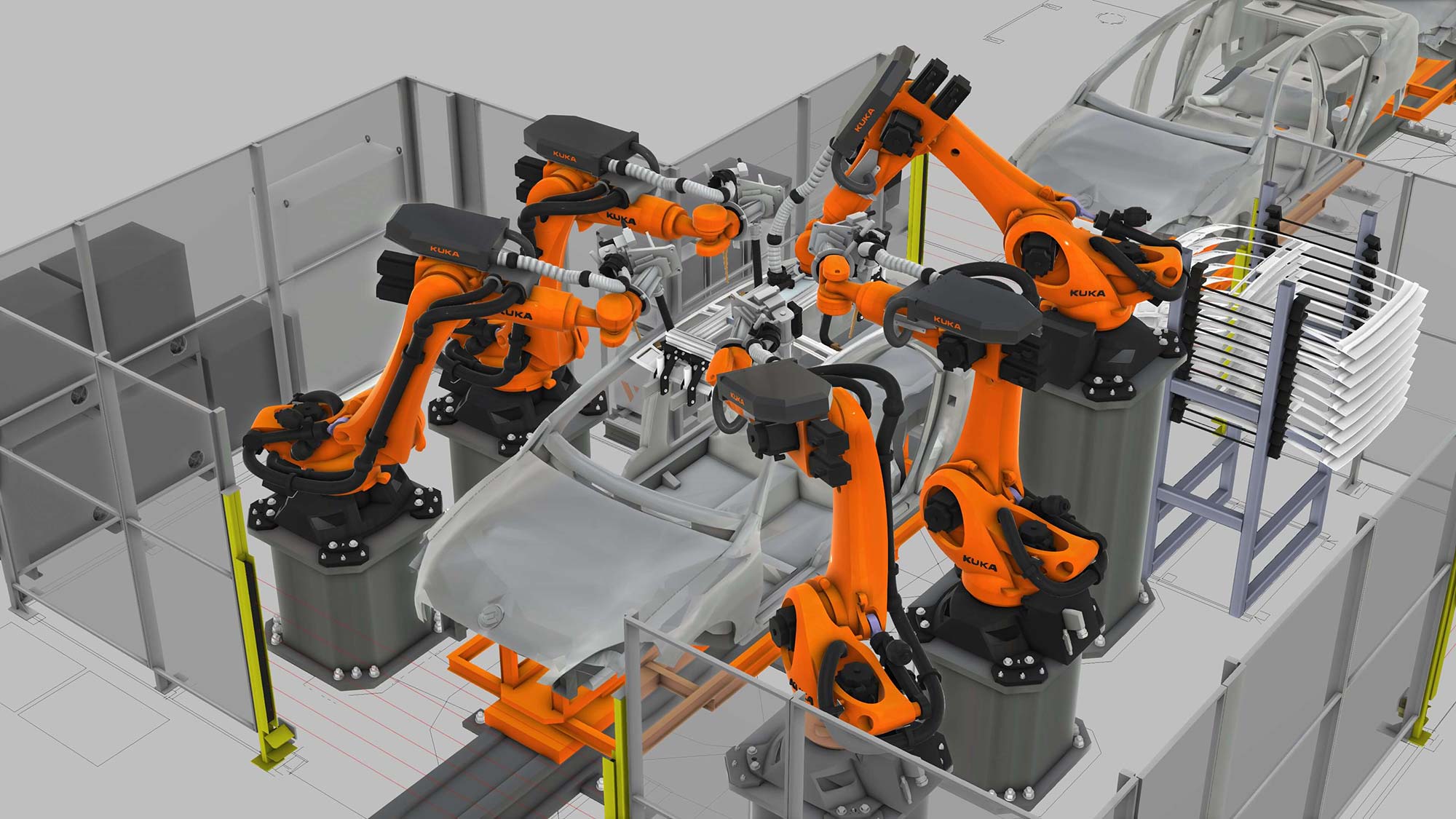five KUKA robots working on a car body