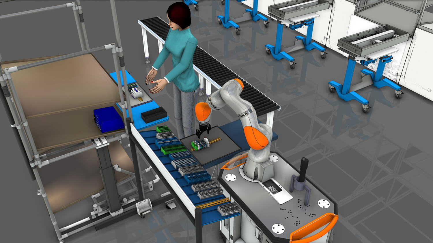 Simulation of a person working together with a robot at a production line